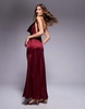 Aria Cove exclusive satin deep plunge fishtail maxi dress in burgundy