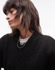 Topshop knit high v-neck fluffy sweater in black