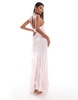 ASOS DESIGN mesh plunge maxi dress with ruffle front split and panel detailing in pink