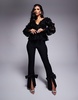 ASOS LUXE mesh floral off the shoulder long sleeve top with velvet flowers and pearl embellishment in black