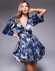 ASOS LUXE jacquard puff sleeve collared mini dress with embellished buttons in blue and gold floral