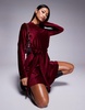 ASOS DESIGN velvet swing belted mini dress in burgundy