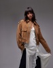 Topshop cropped faux suede bomber jacket with snap details in camel