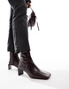 ASOS DESIGN Raine premium square toe mid-heel boots in burgundy leather