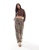 Bershka button front pull on wide leg pants in brown plaid
