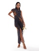 ASOS DESIGN draped one shoulder high neck midi dress in abstract floral print