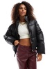 Bershka faux leather padded jacket in black