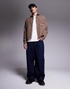 ASOS DESIGN boxy relaxed shirt in wool look check with chest embroidery in brown
