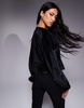 ASOS DESIGN velvet tie front long sleeve top in black