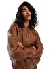 Bershka faux leather oversized bomber jacket in tobacco