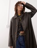 Reclaimed Vintage leather look longerline shacket in dark washed brown