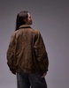 Topshop Premium real leather oversized bomber jacket in stone