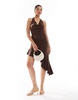 Bershka halterneck ruffle detail asymmetric mini dress in chocolate