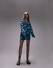 Topshop long sleeve tie up printed top in turquoise - part of a set