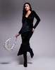 ASOS DESIGN velvet long sleeve v neck midi swing dress in black
