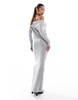 Aria Cove knitted bardot fold over maxi sweater dress in gray heather