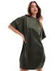 ASOS DESIGN satin oversized mini T-shirt dress in khaki