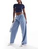 Bershka wide leg tailored pants in blue stripe