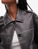 Topshop faux leather cropped button thru patch pocket bomber jacket in washed black