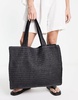 South Beach straw woven shoulder beach tote bag in black