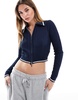 Bershka cable knit polo top in navy