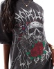 ASOS DESIGN boyfriend fit t-shirt with skull and roses rock sequin graphic in washed charcoal