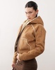 Guess Originals faux suede zip up jacket in light brown with fur lining and trim