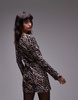 Topshop plisse long sleeve mini dress in leopard print
