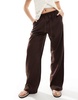 Bershka tie waist wide leg linen pants in brown