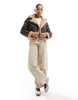 Bershka contrast shearling jacket in brown & ecru