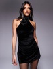 ASOS DESIGN velvet halter neck mini dress with diamante flower trim detail in black