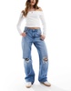 Bershka ripped knee wide leg jeans in mid blue