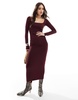 Bershka long sleeve square neck bodycon midaxi dress in burgundy