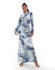 ASOS DESIGN cowl neck satin chiffon mix long sleeve maxi dress in marble abstract print