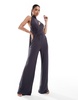 ASOS DESIGN mesh twist bust detail halter jumpsuit with tie back neck in charcoal gray