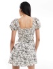 Brave Soul milkmaid puff sleeve linen blend mini dress in white floral print