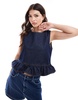 ASOS DESIGN denim frill hem top in indigo