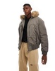 Weekday padded bomber jacket with faux fur hood in khaki