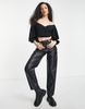 ASOS DESIGN volume sleeve off shoulder wrap tie blouse in black