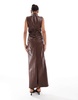 Amy Lynn faux leather ruched front maxi dress with back slit in oxblood