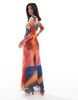 Vero Moda Petite long sleeved mesh maxi dress in sunset blue print
