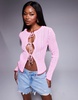 ASOS DESIGN knit tie front cardigan with red tipping detail in pink