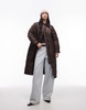 Topshop leopard long nylon coat with cord collar in multi
