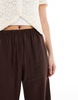Bershka tie waist wide leg linen pants in brown