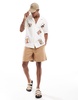 Bershka floral embroidered stitch shirt in beige