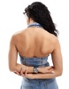 Bershka denim halterneck vest in vintage wash blue