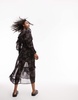 Topshop midi dress with ruffle sleeves in black floral print