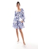 & Other Stories square neck ruched bodice mini dress with volume sleeve and tiered hem in blue floral print