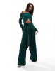 ASOS DESIGN plisse bardot twist front wide leg jumpsuit in bottle green