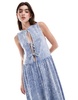 ASOS DESIGN tie front printed midi dress in blue acid wash